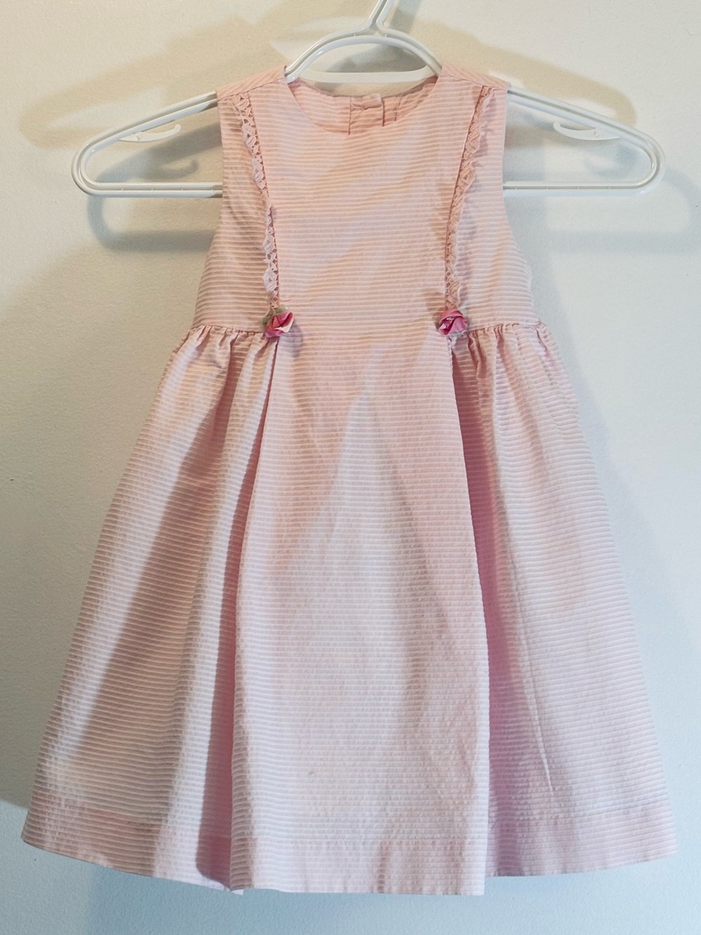 Vintage Polly Flinders Pink Seersucker Striped Dress Lace Rosettes 2T Coquette